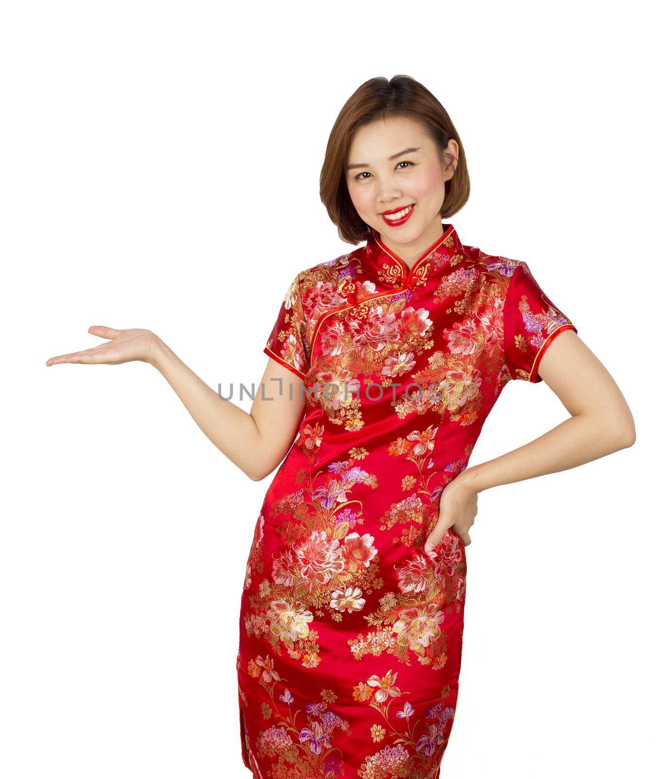 Asian girl poses or present on isolated white background.