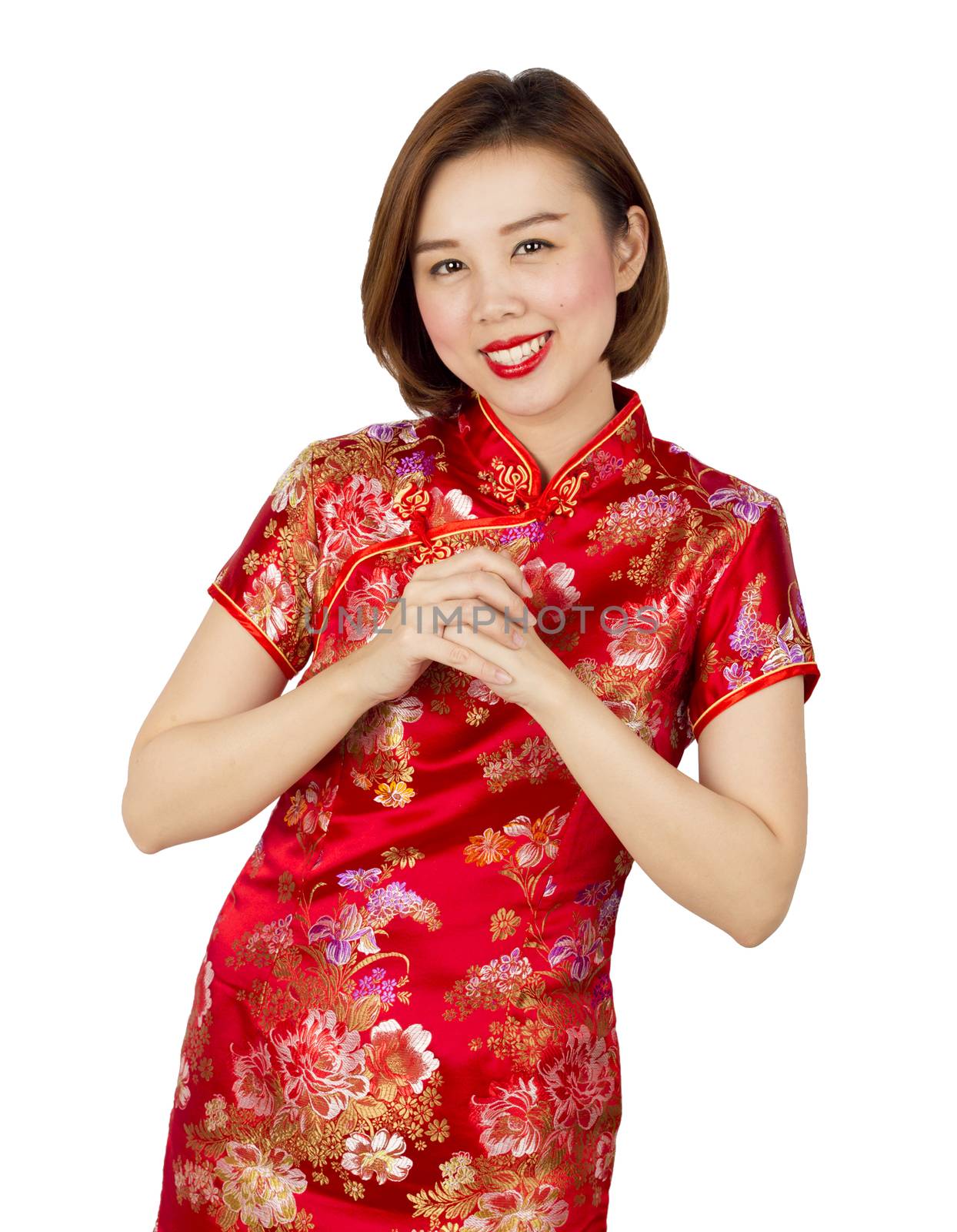 Asian women wishing you  a happy Chinese new year with traditional Cheongsam isolated on white background.