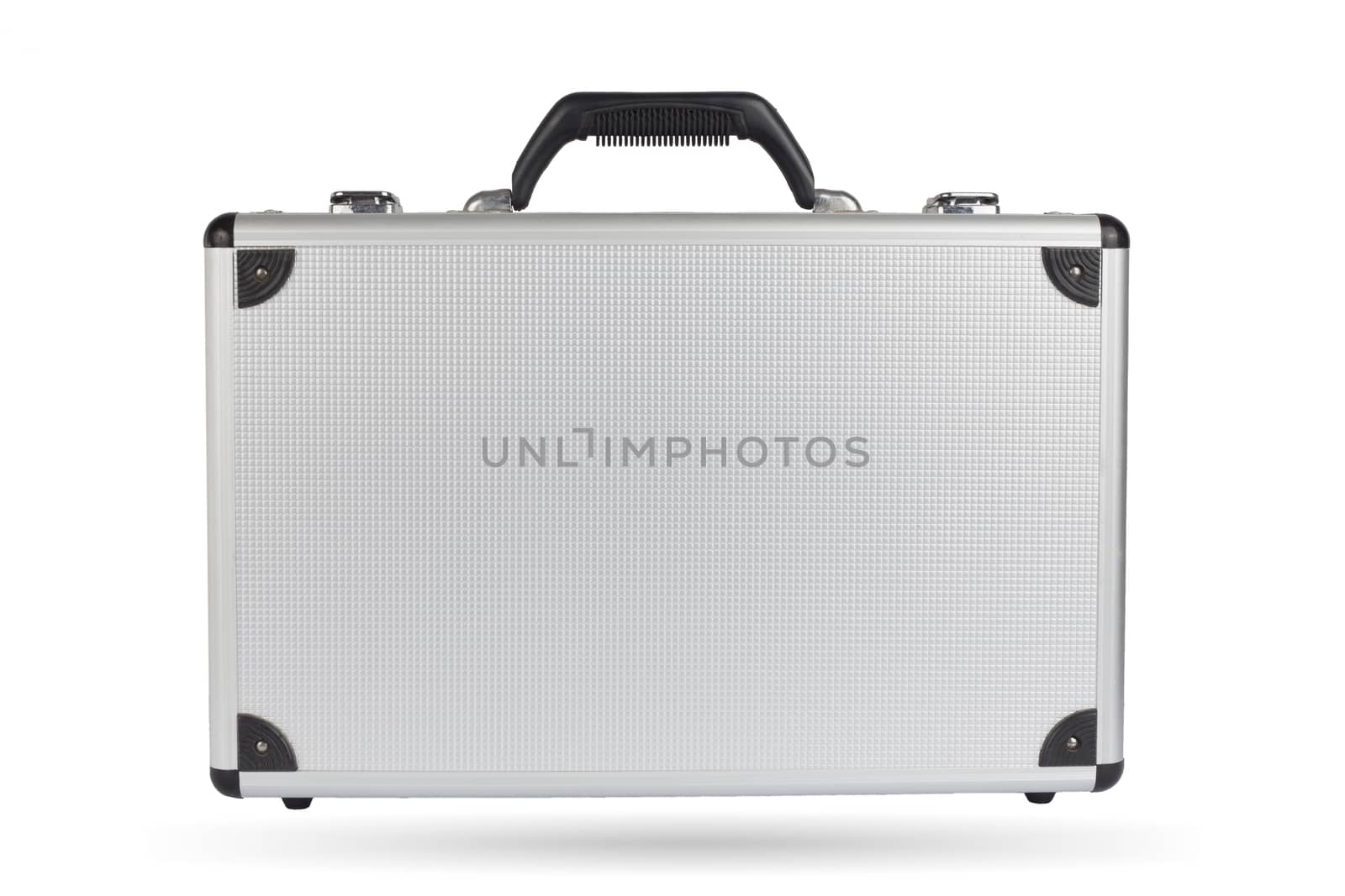 Silver steel suitcase isolated on white background.