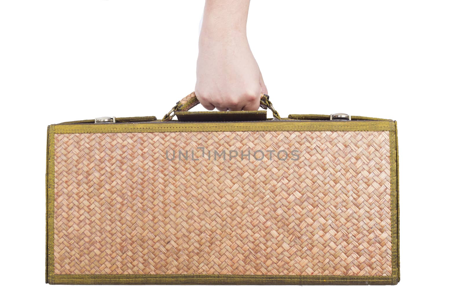 holding wooden luggage rattan isolated on whitel background.