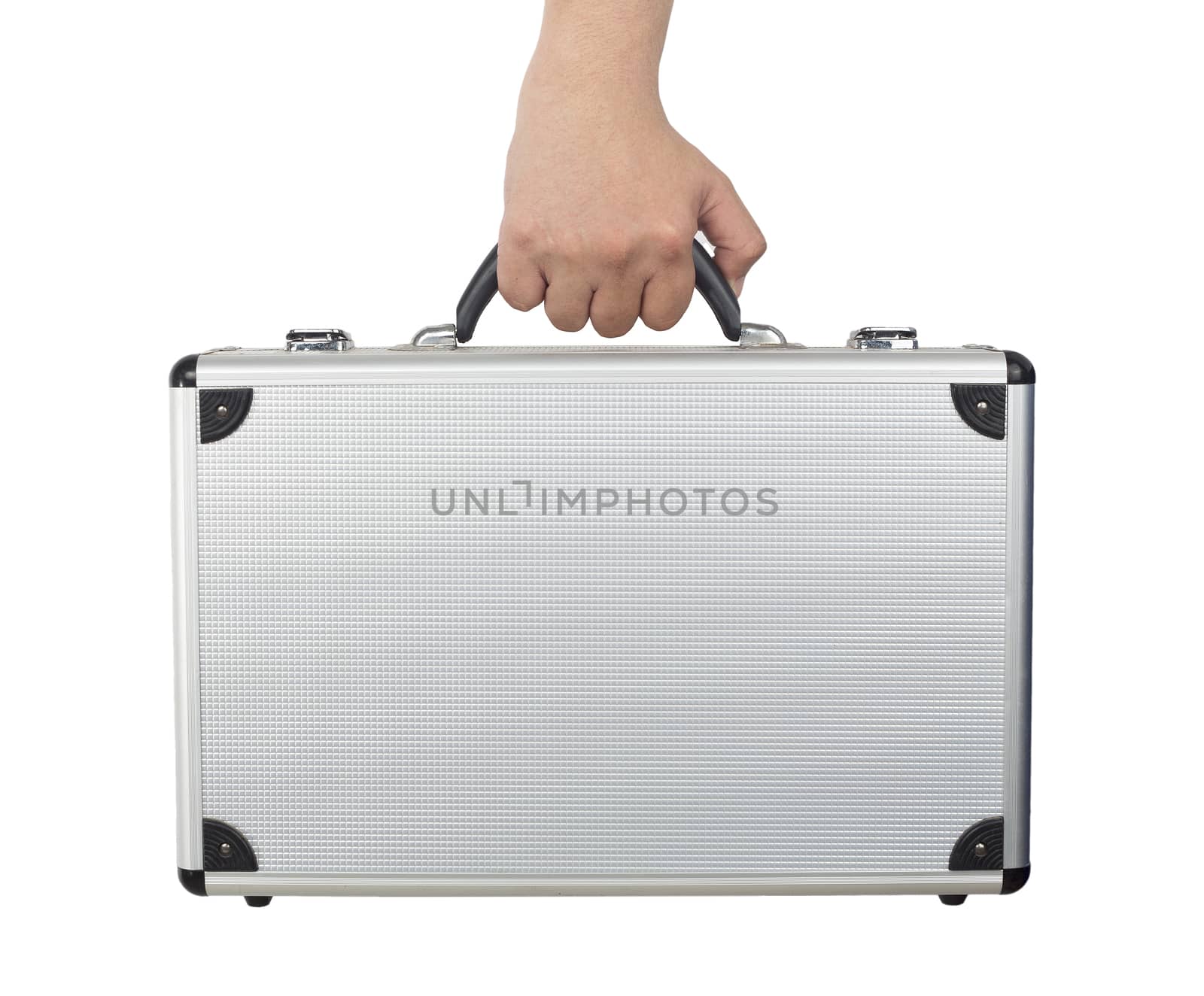 Hand and arm holding silver luggage or brief case isolated on white background.