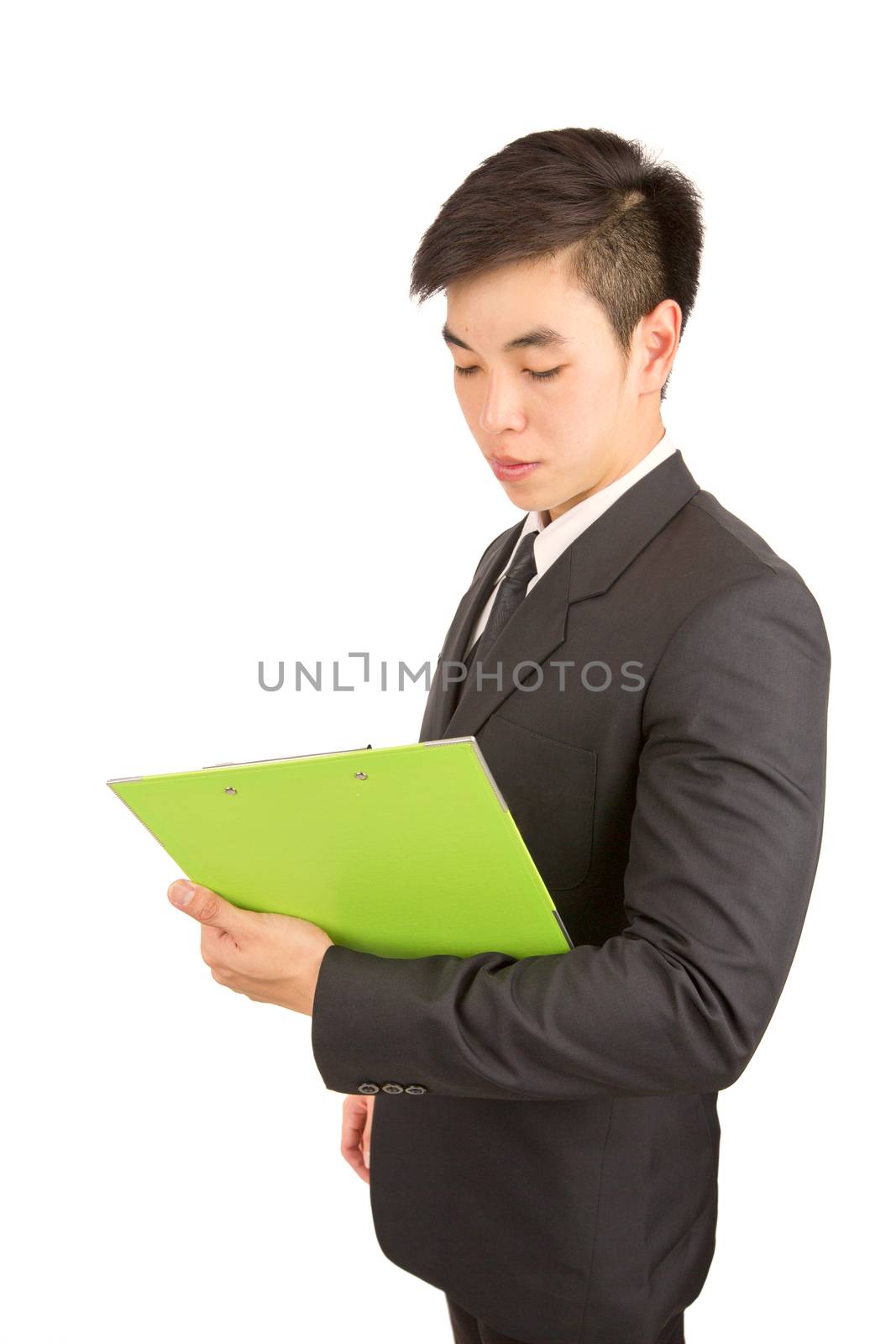 Young Businessman prepare presents on lecture green clipboard isolated on white background.