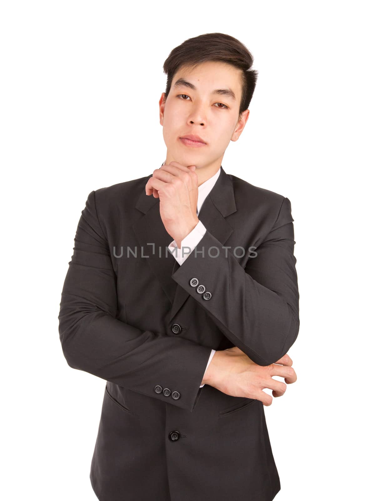 Young Businessman smart portrait looking at camera isolated on w by jayzynism
