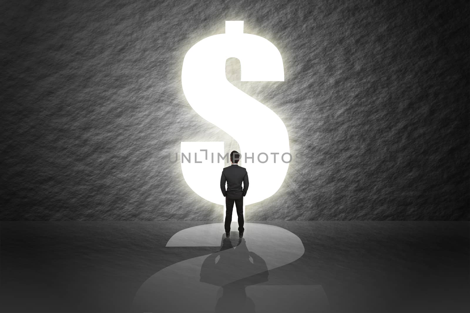 Businessman in suit stand and looking aim the door dollar sign.
