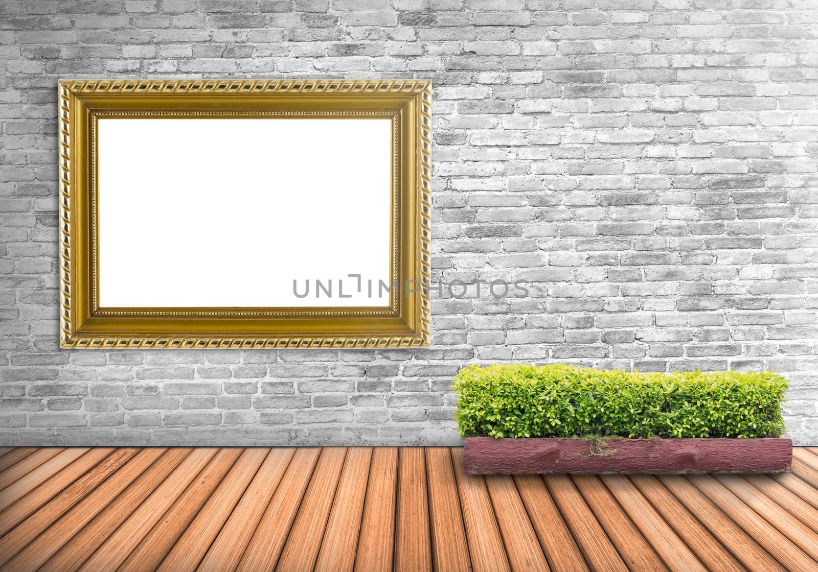 Blank frame bronze vintage on a concrete wall with tree pot on w by jayzynism