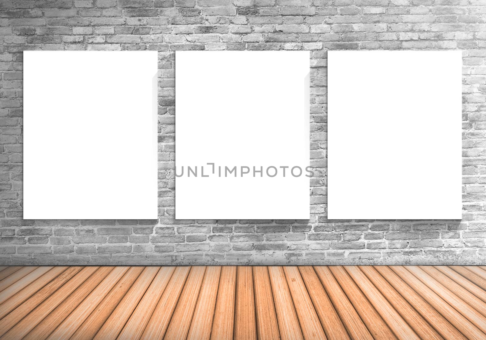 Blank frame three white board on a concrete blick wall and wooden floor : fill text and object