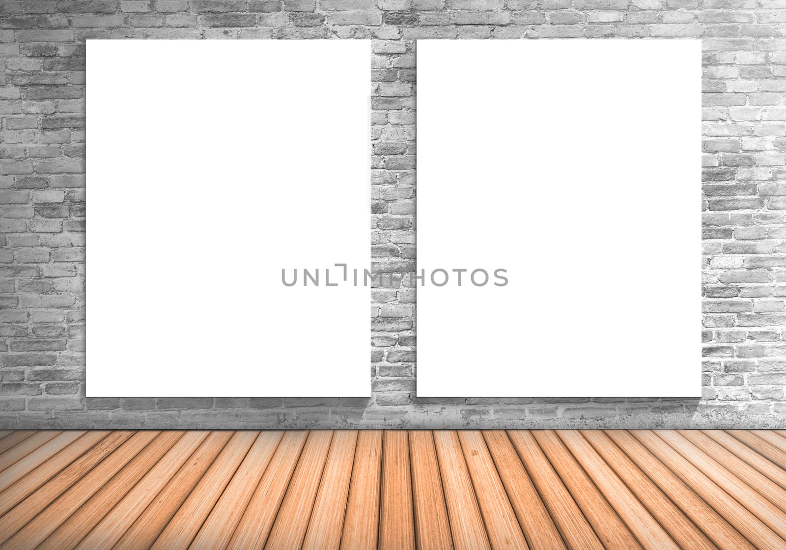 Blank frame two white board on a concrete blick wall and wooden floor : fill text and object