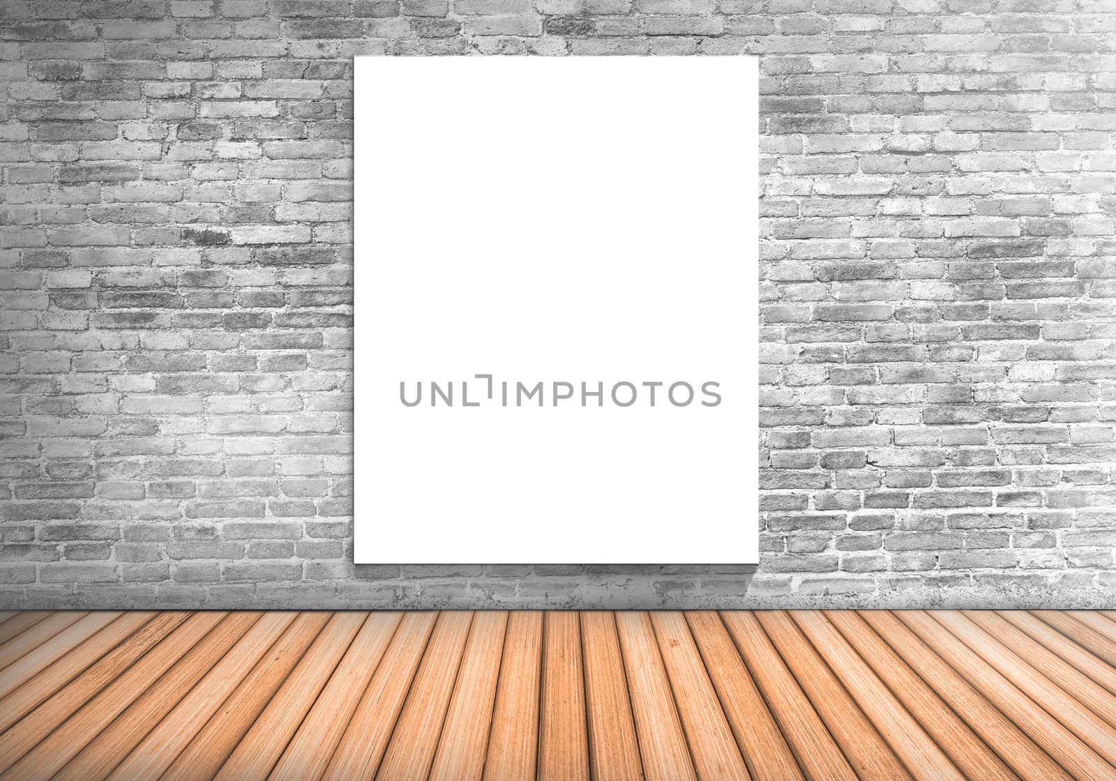 Blank frame white board on a concrete blick wall and wooden floor : fill text and object