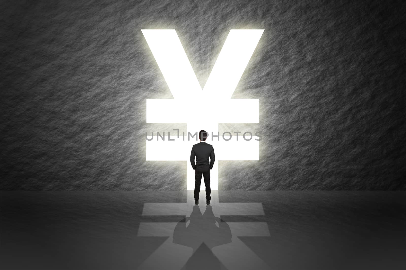 Businessman in suit stand and looking aim the door success yen money sign isolated cement abstract background.