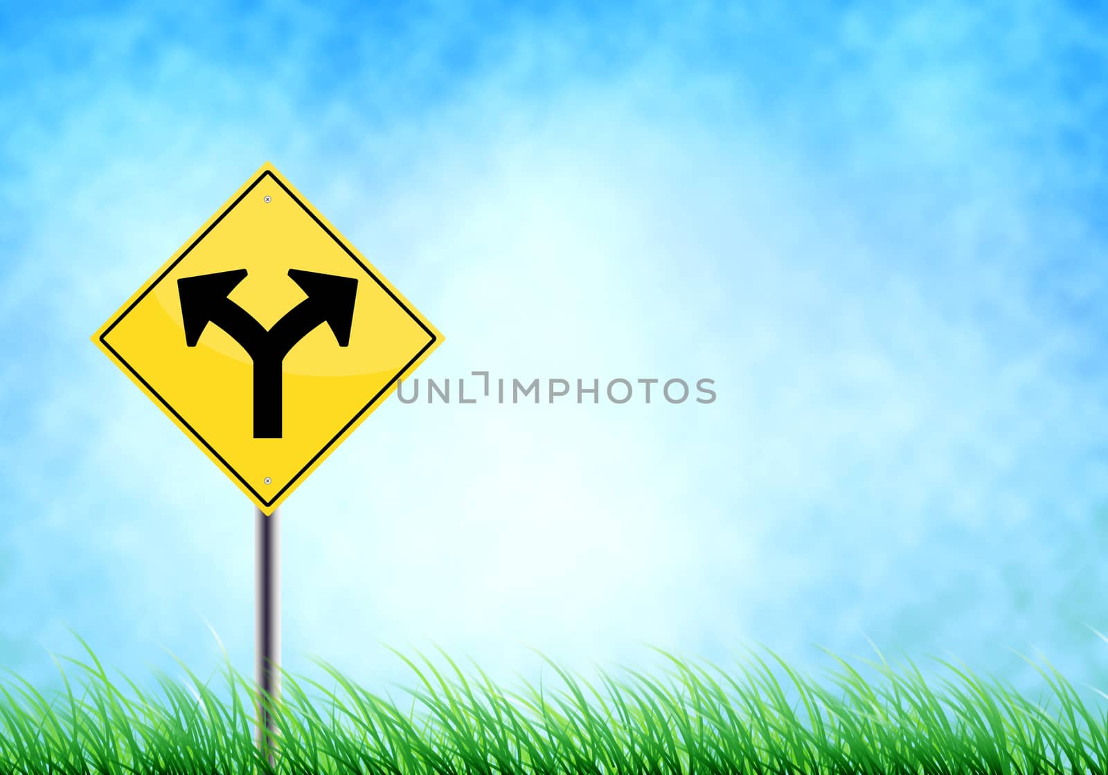 'junction' realistic metallic road on sign the sky and floor grass : with space  for your text