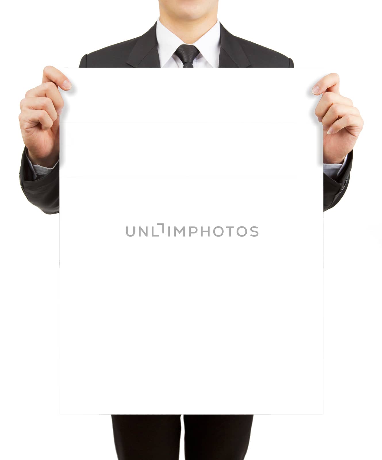 Business man holding blank paper isolated on white background. by jayzynism