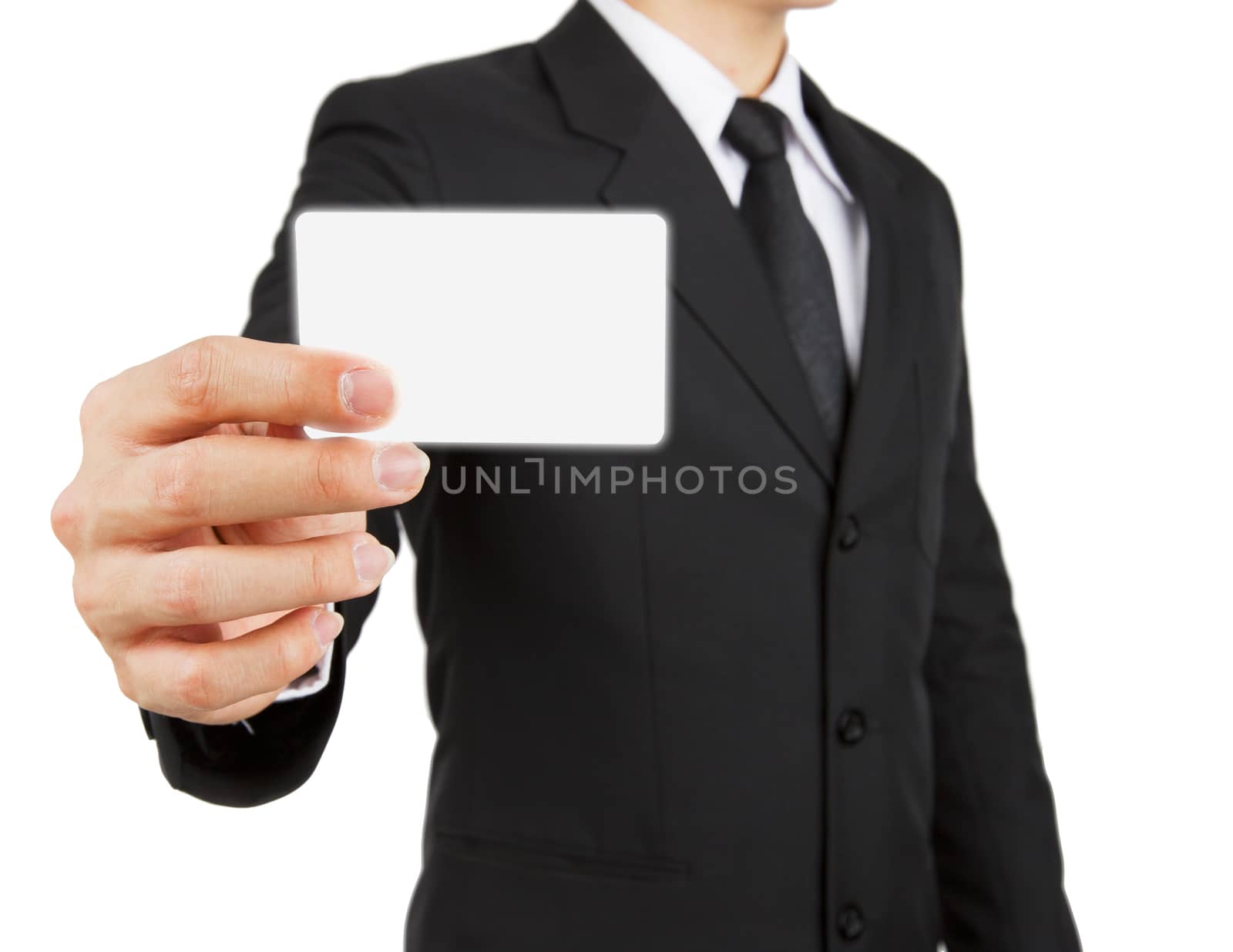 Businessman holding paper or visit card isolated on white background.