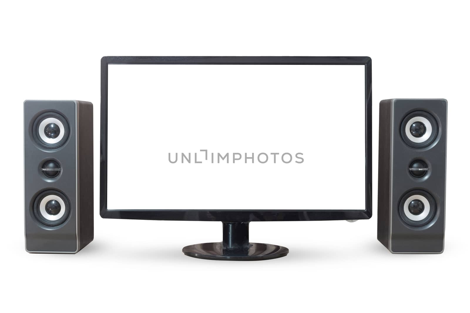 Monitor PC landscape and sound woofer isolated on white background.