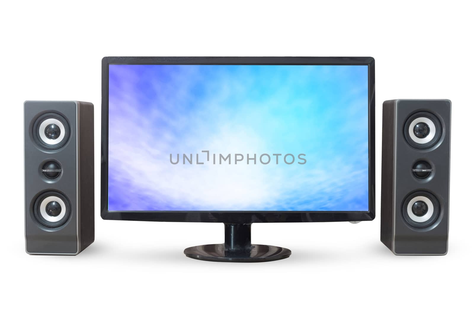 Monitor PC sky landscape and sound woofer isolated on white background.