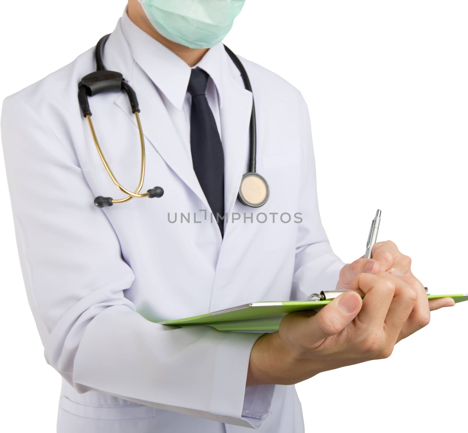 Close up male doctor writing on clipboard and hang stethoscope. by jayzynism
