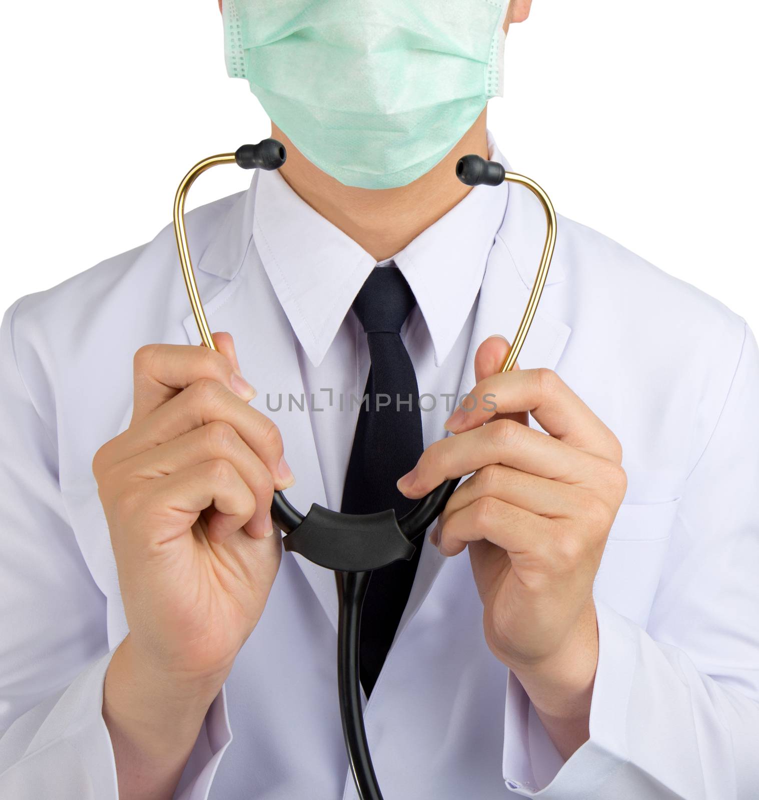 Well dressed man doctor cover stethoscope prepare inspect patient adjusting white background : fill text