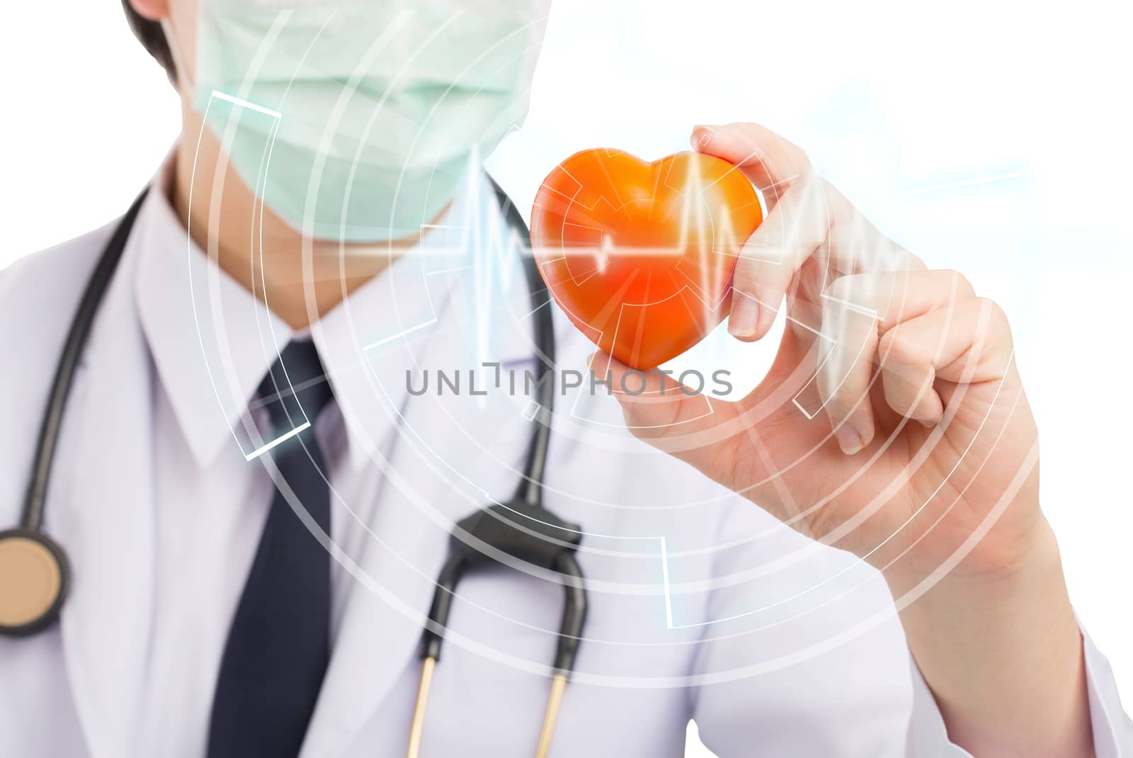 Doctor holding heart with graphic pulse isolated white background