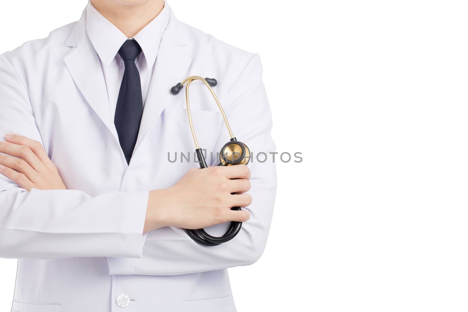 Doctor man posting and holding stethoscope on white background.