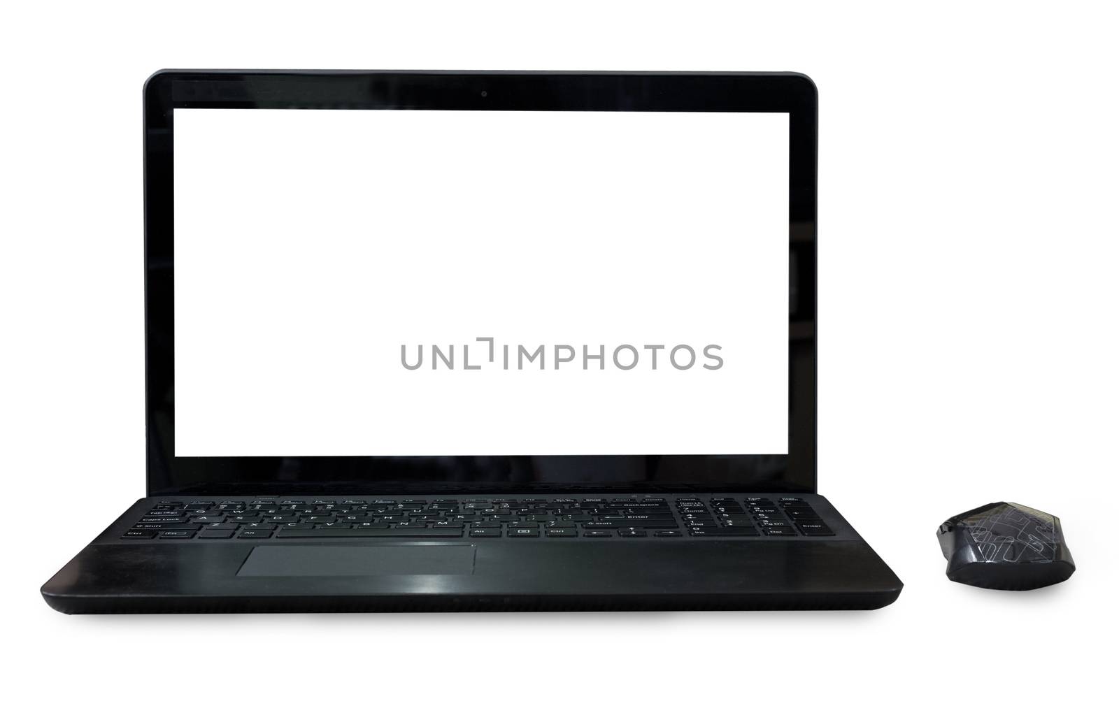 Black Labtop with mouse bluetooth isolated white background. by jayzynism