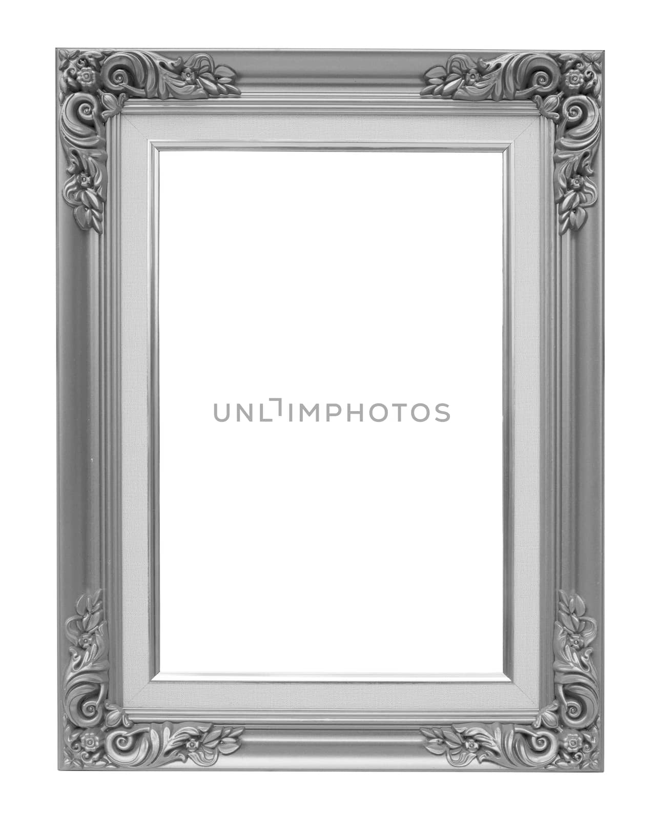 The antique silver vintage frame isolated white background.