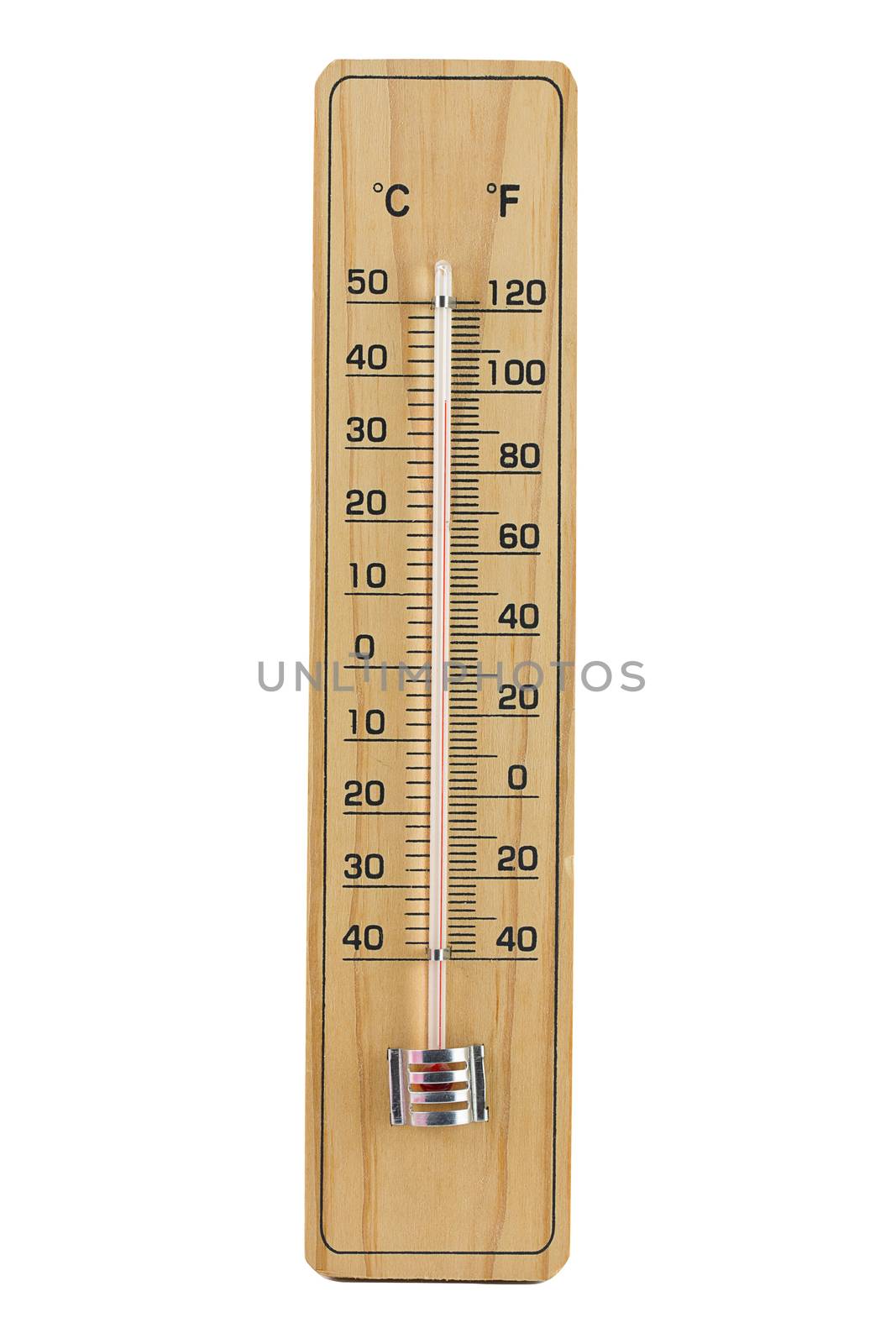 Close-up wooden thermometer scale isolated white background.