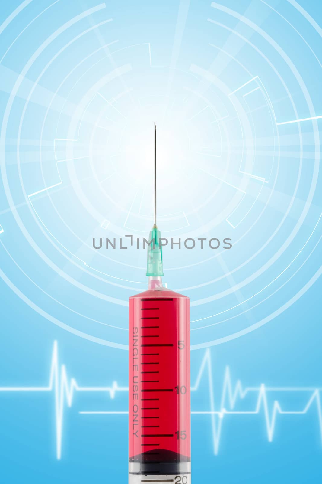 Syringe red blood on blue graphic pulse effect. by jayzynism