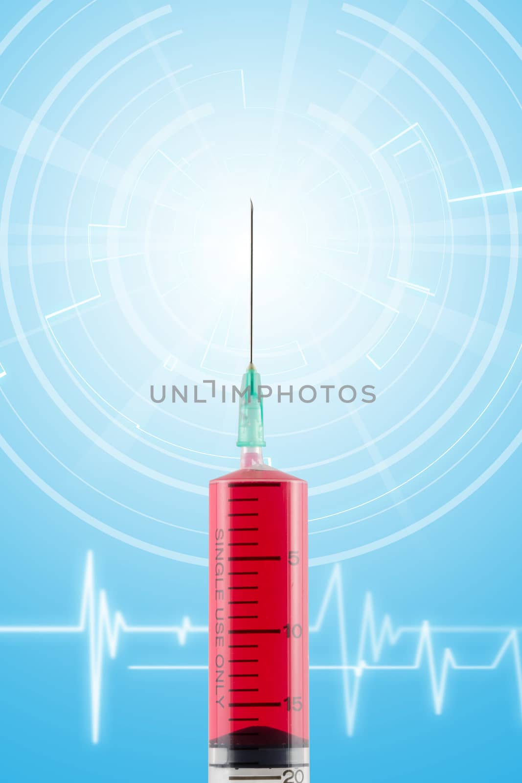 Syringe red blood on blue graphic pulse effect.