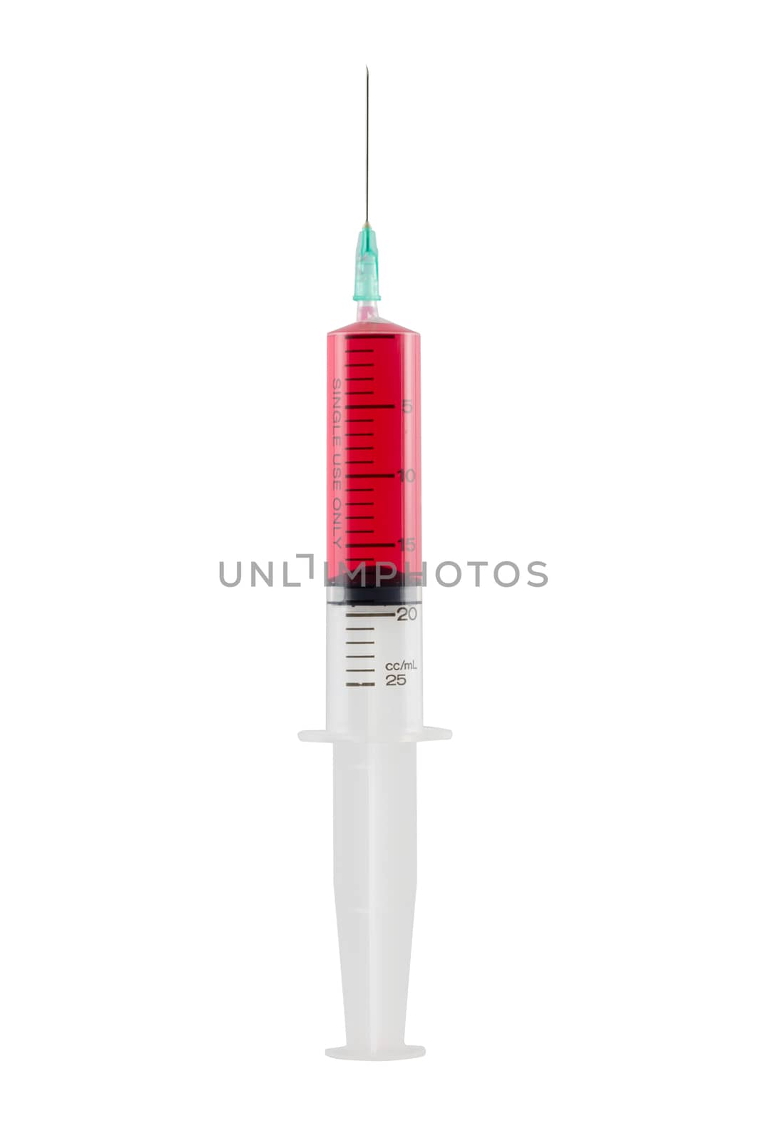 Syringe fill red blood isolated white background.
