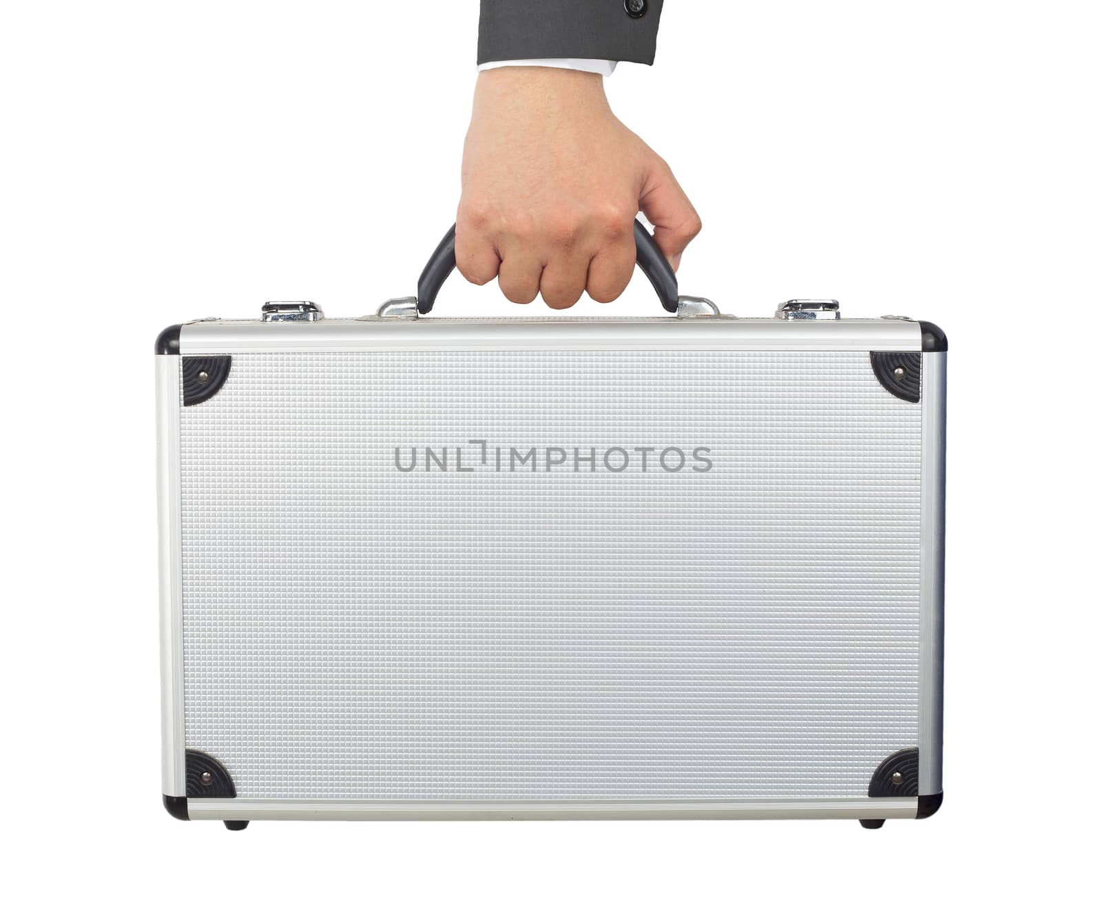 Hand and arm holding silver luggage or brief case isolated on wh by jayzynism