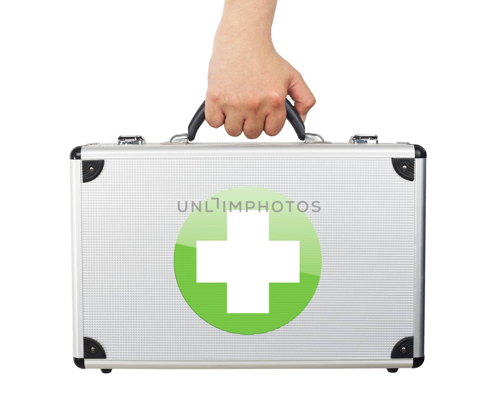 Male hand holding equipments luggage first aid isolated white ba by jayzynism