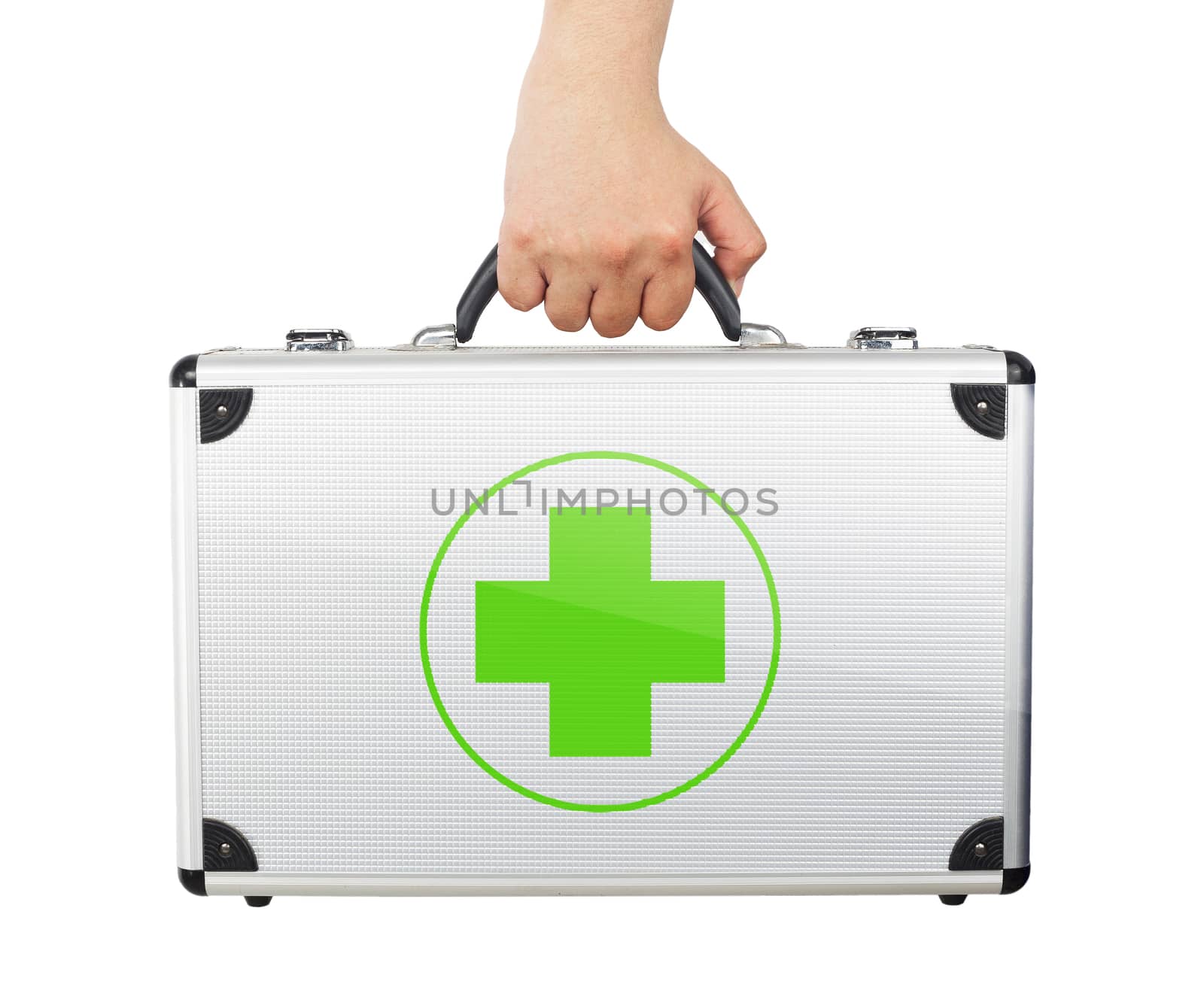 Male hand holding equipments luggage first aid isolated white background.