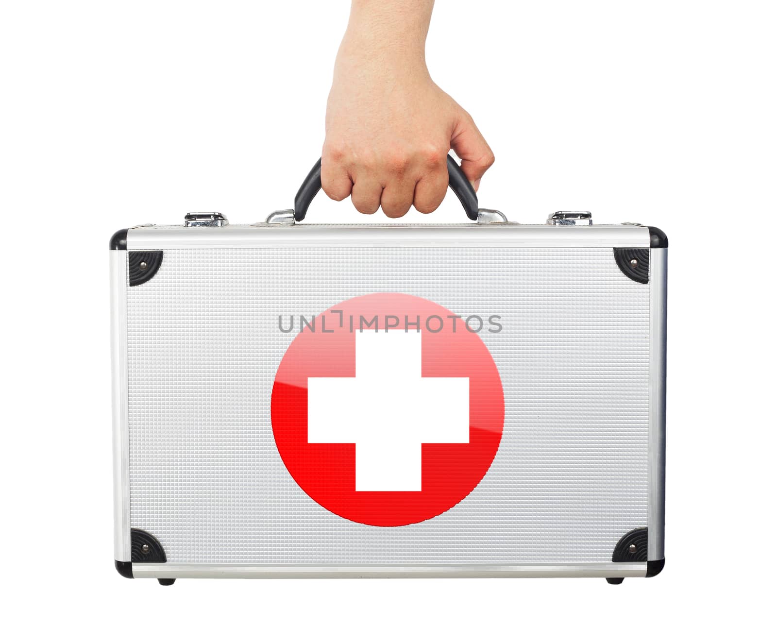 Male hand holding equipments luggage first aid isolated white ba by jayzynism