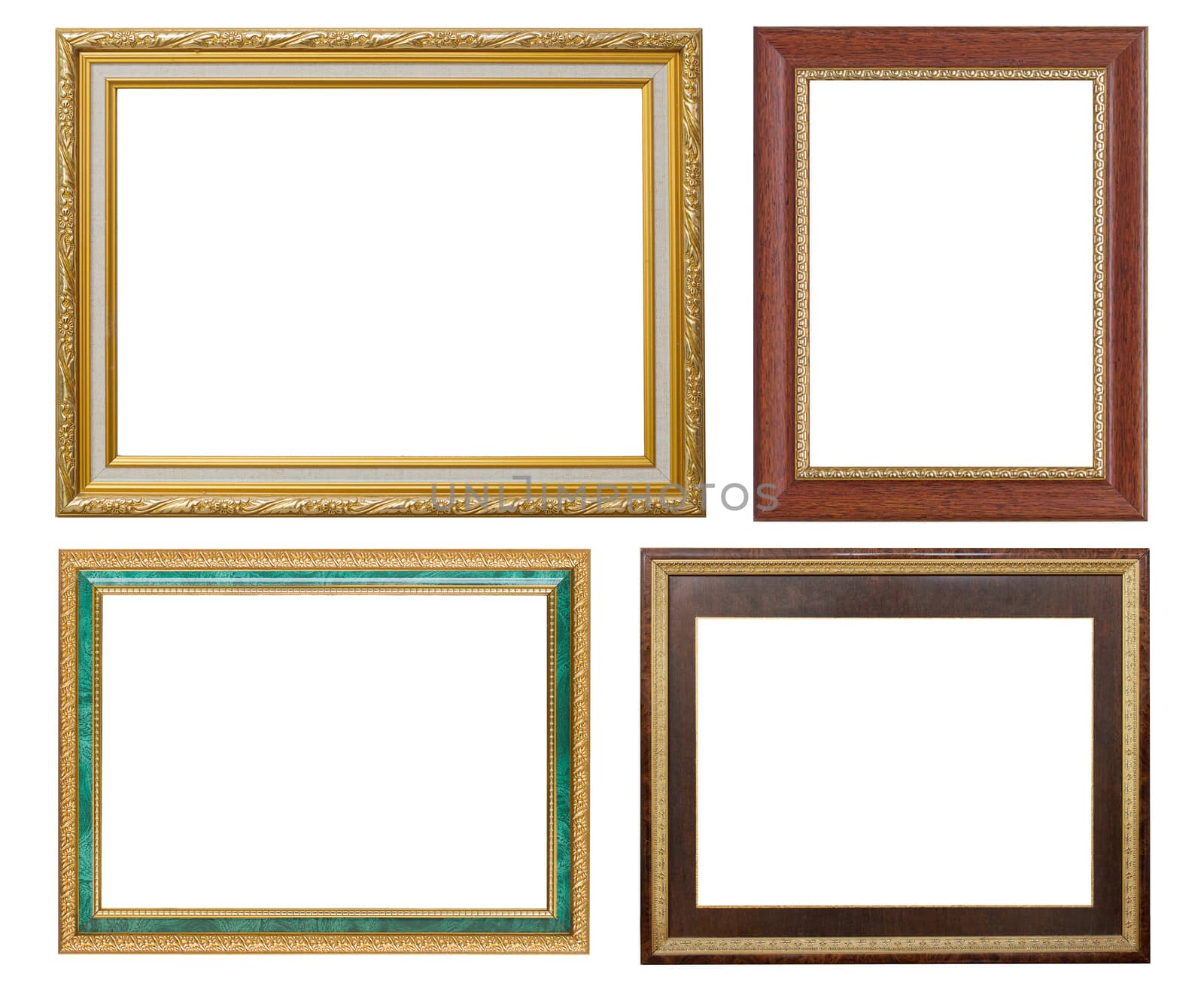 Set of golden frame and wooden vintage isolated on white background.