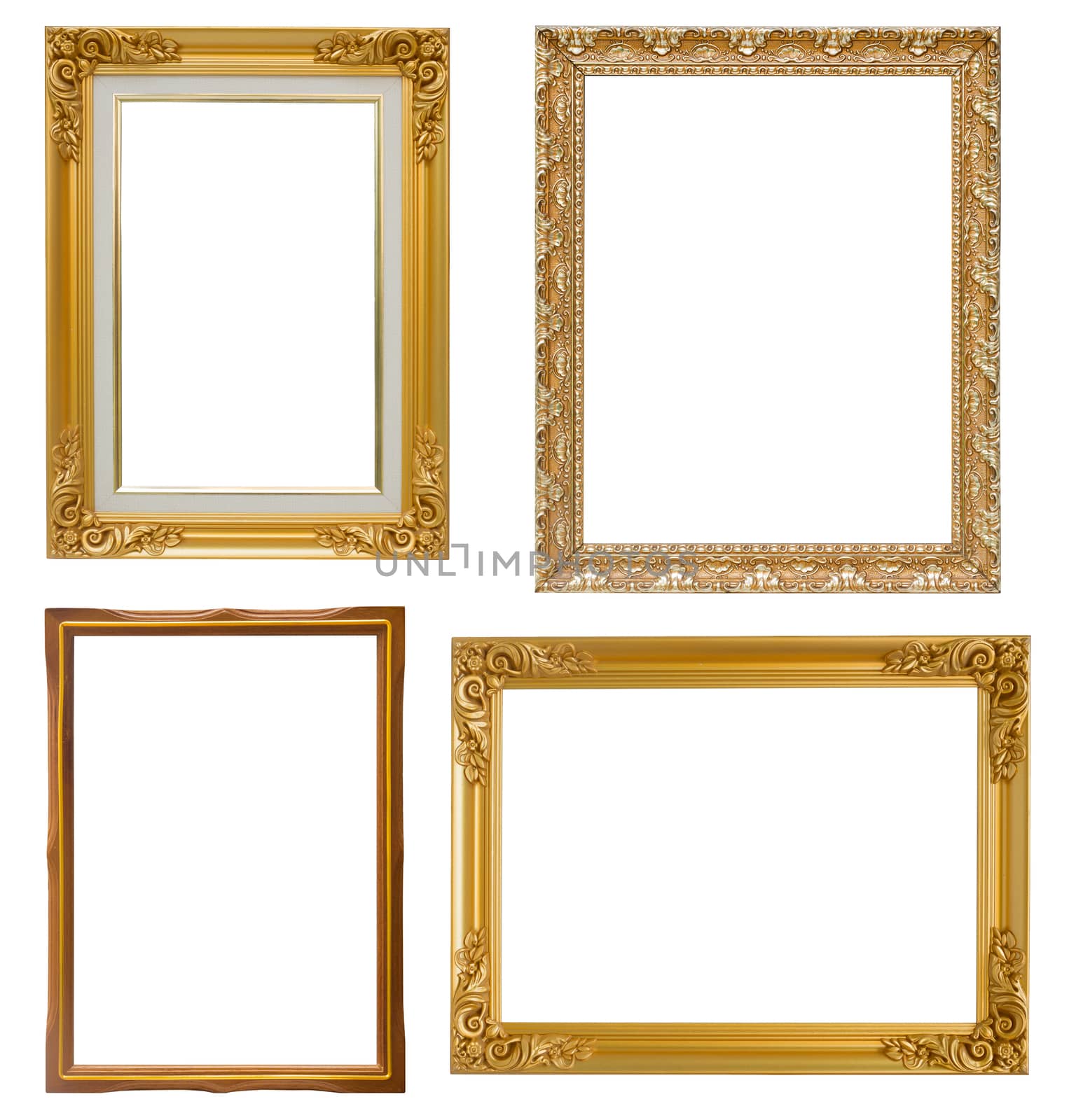 Set of golden frame and wood vintage isolated on white background.