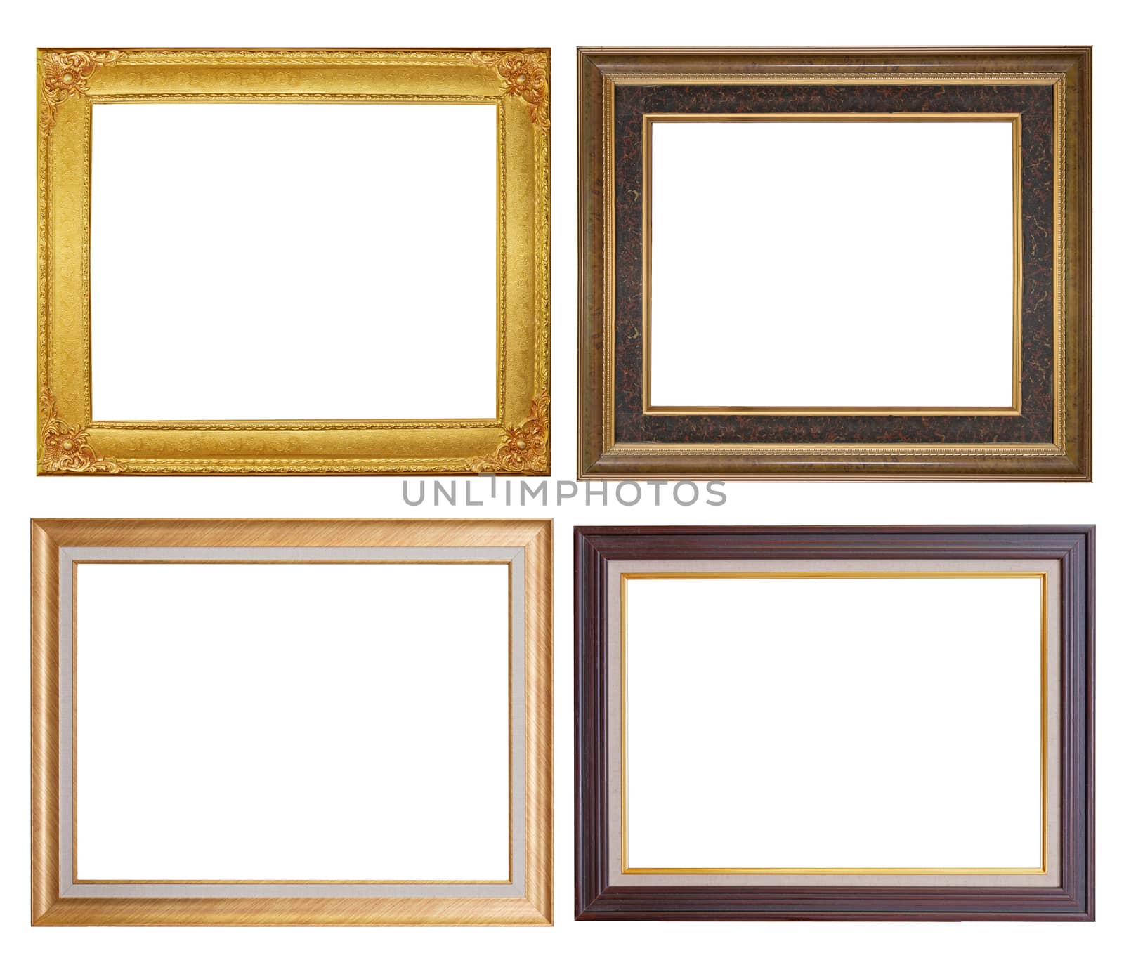 Set of golden frame and wood vintage isolated on white backgroun by jayzynism