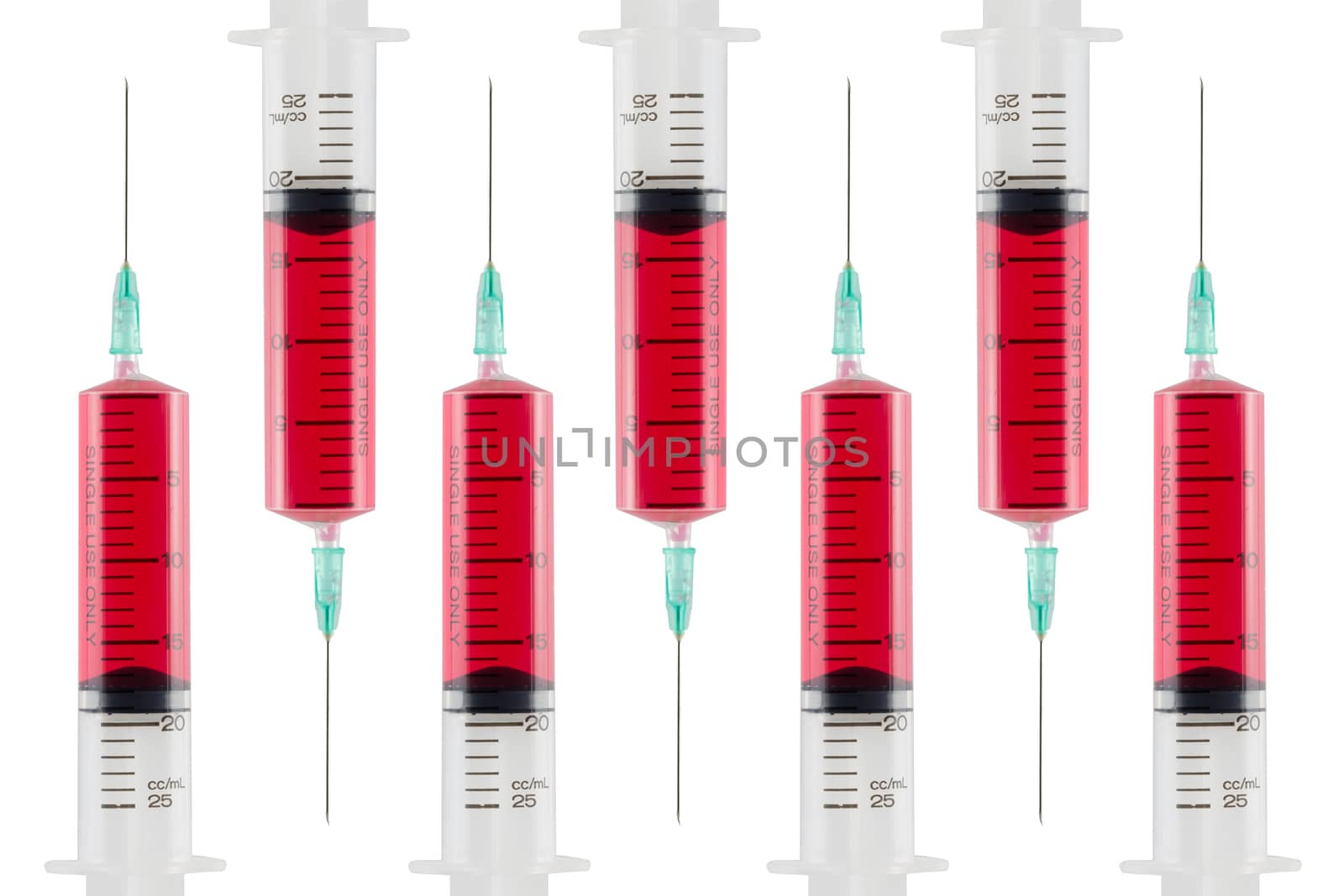 Syringe full red blood isolated white background.