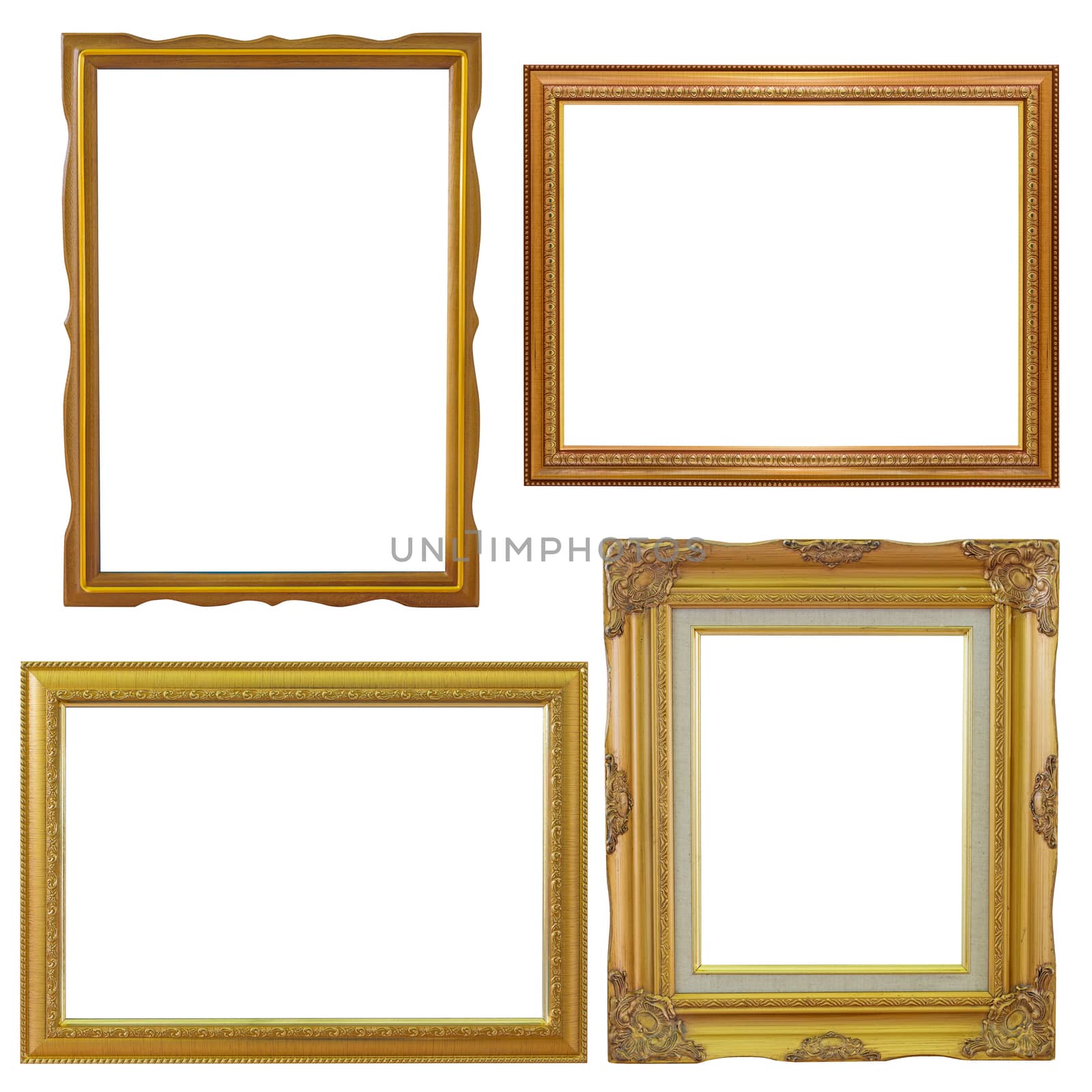 Set of golden frame and wood vintage isolated on white background.