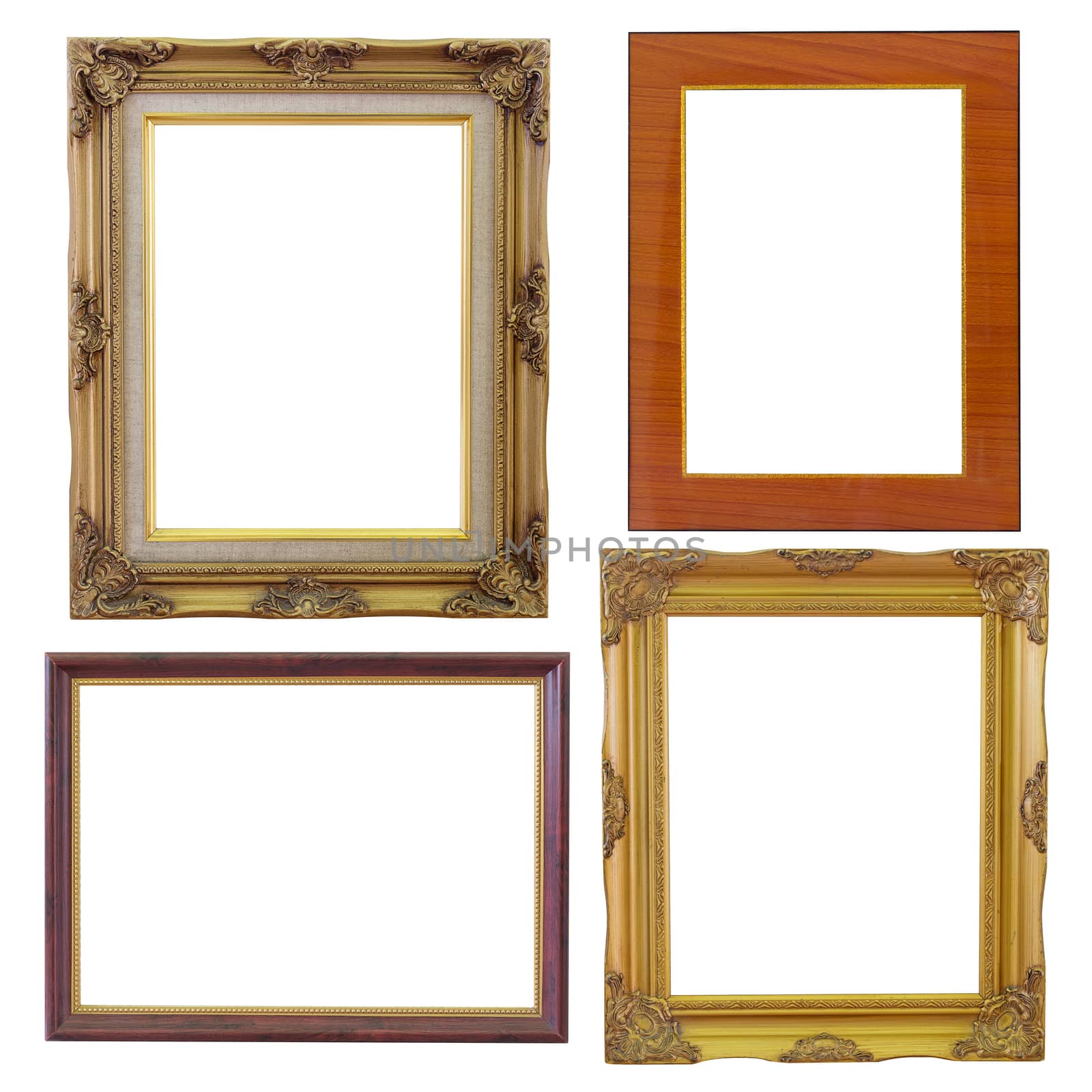 Set of golden frame and wood vintage isolated on white backgroun by jayzynism