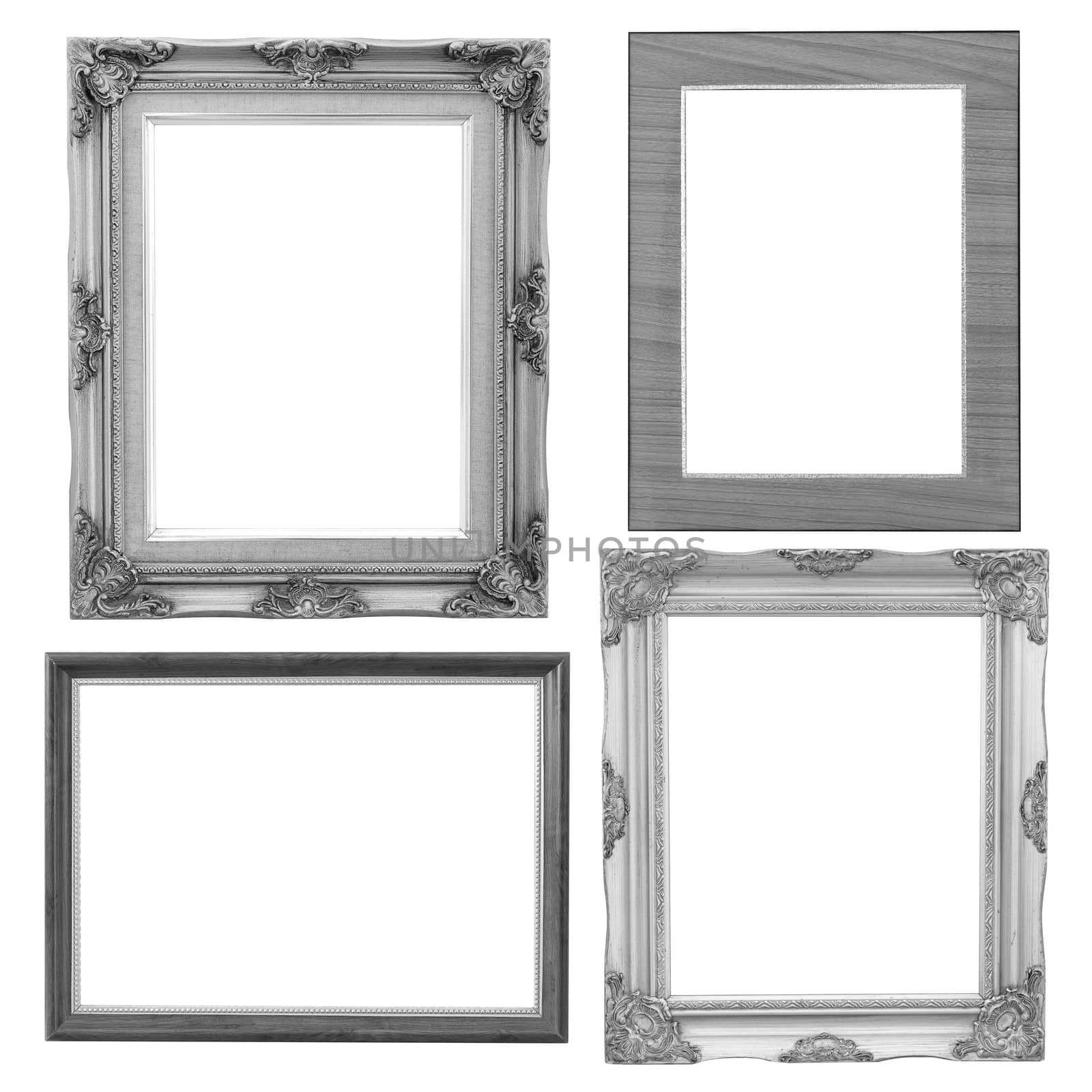 Set of silver frame and wood vintage isolated on white background.