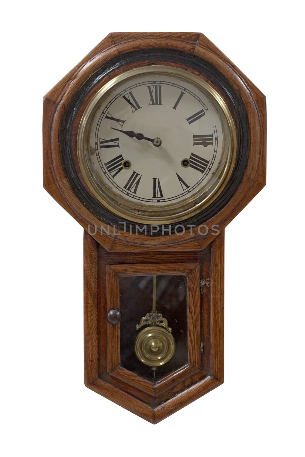 The Old clock wood isolated white background.
