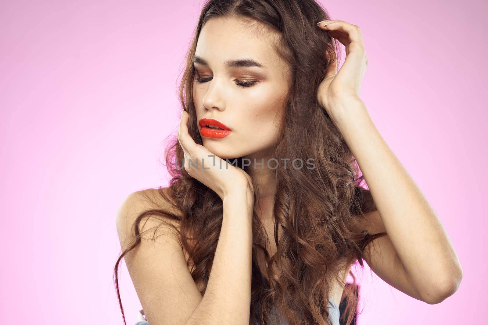 Woman with hairstyle and red lips naked shoulders bright makeup attractive look by SHOTPRIME