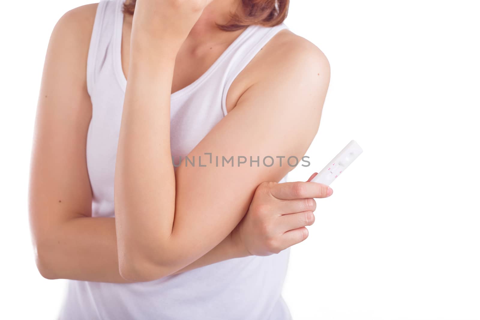 Young women shown pregnancy test concept isolated white background.