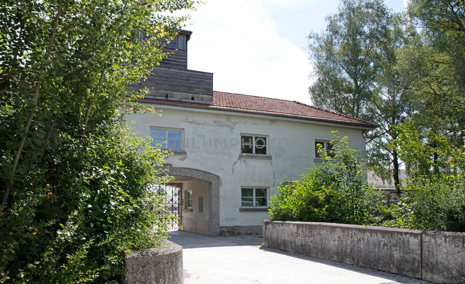 Dachau, Germany - July 13, 2020: Entrance in Dachau concentration camp, the first Nazi concentration camp opened in Germany