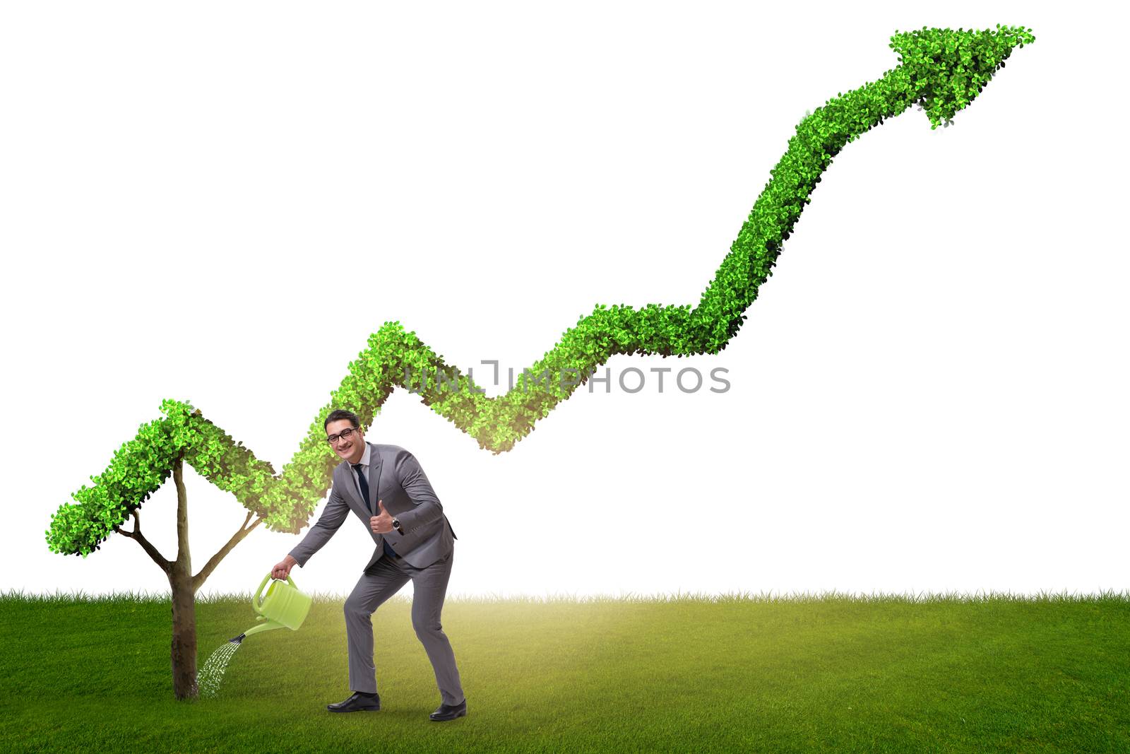 Businessman in investment concept watering financial line chart