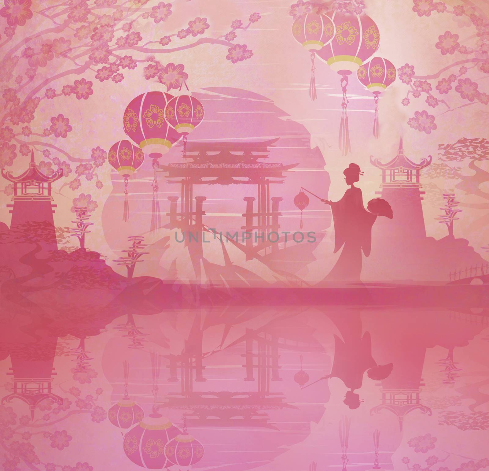 Abstract landscape with Geisha, Mid-Autumn Festival for Chinese New Year