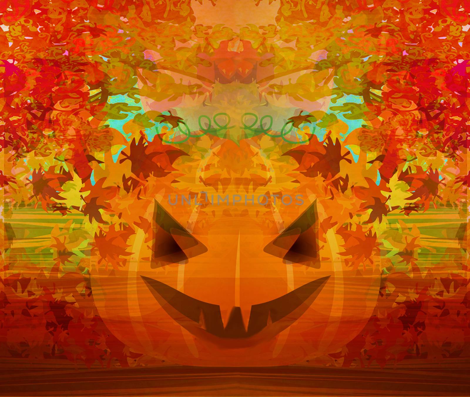 Scary Halloween pumpkin with leaves by JackyBrown
