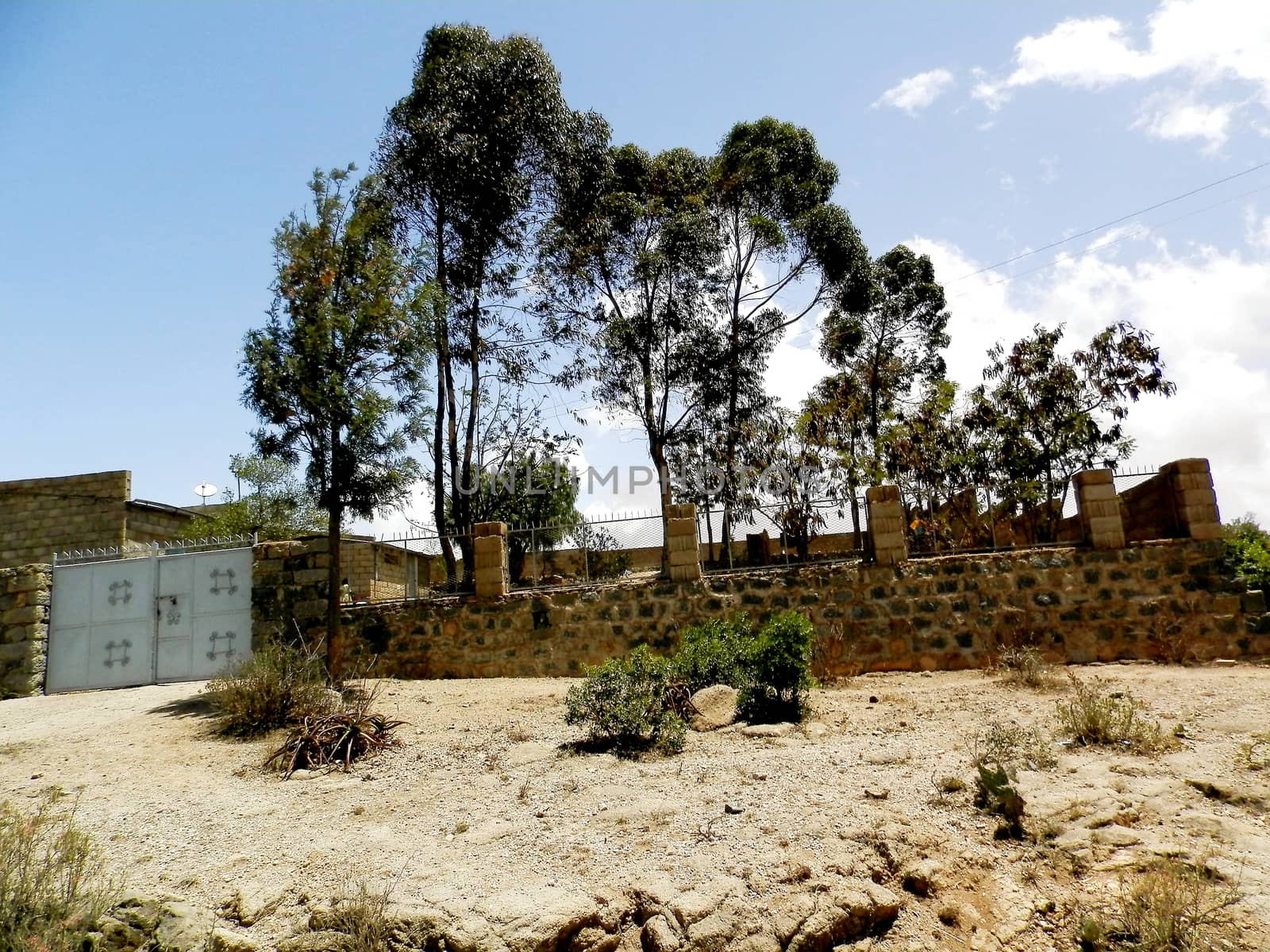 Tesseney, Eritrea - 10/11/2020: Beautiful photography of the landscape from the villages near the bord from Ethiopia. Old desert villages with some domestic animals.