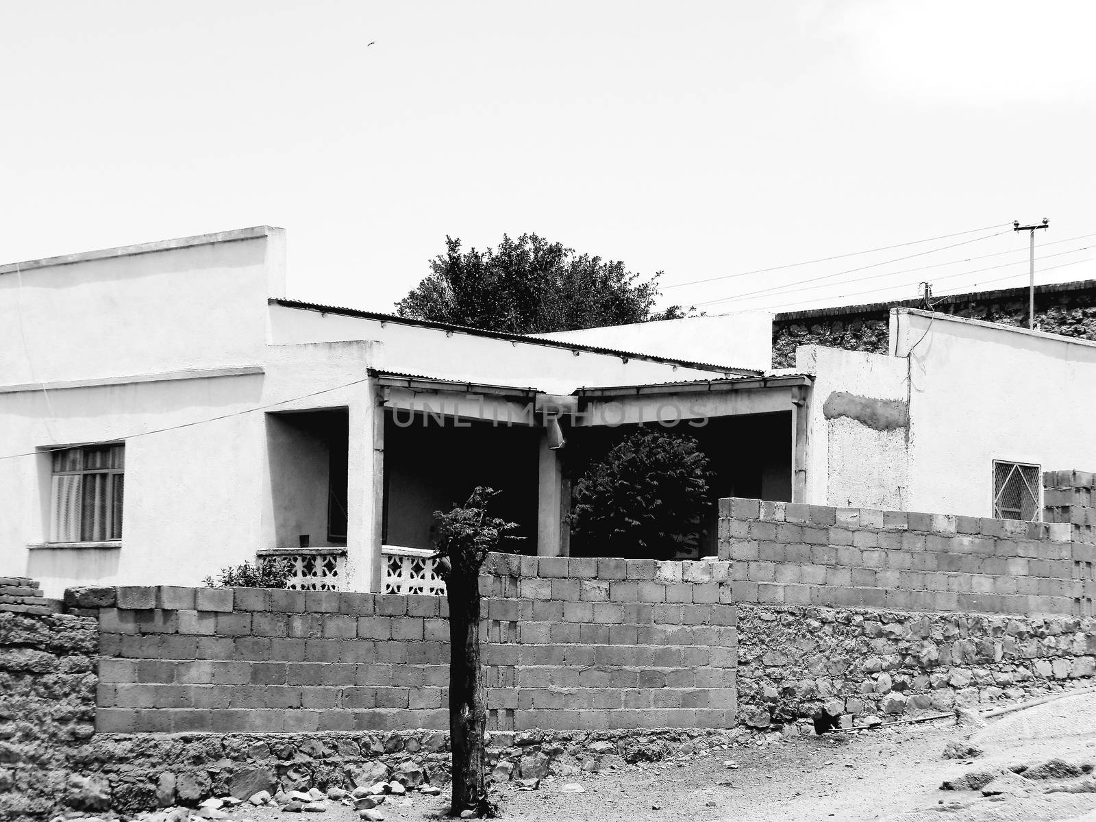 Tesseney, Eritrea - 10/11/2020: Beautiful photography of the landscape from the villages near the bord from Ethiopia. Old desert villages with some domestic animals.