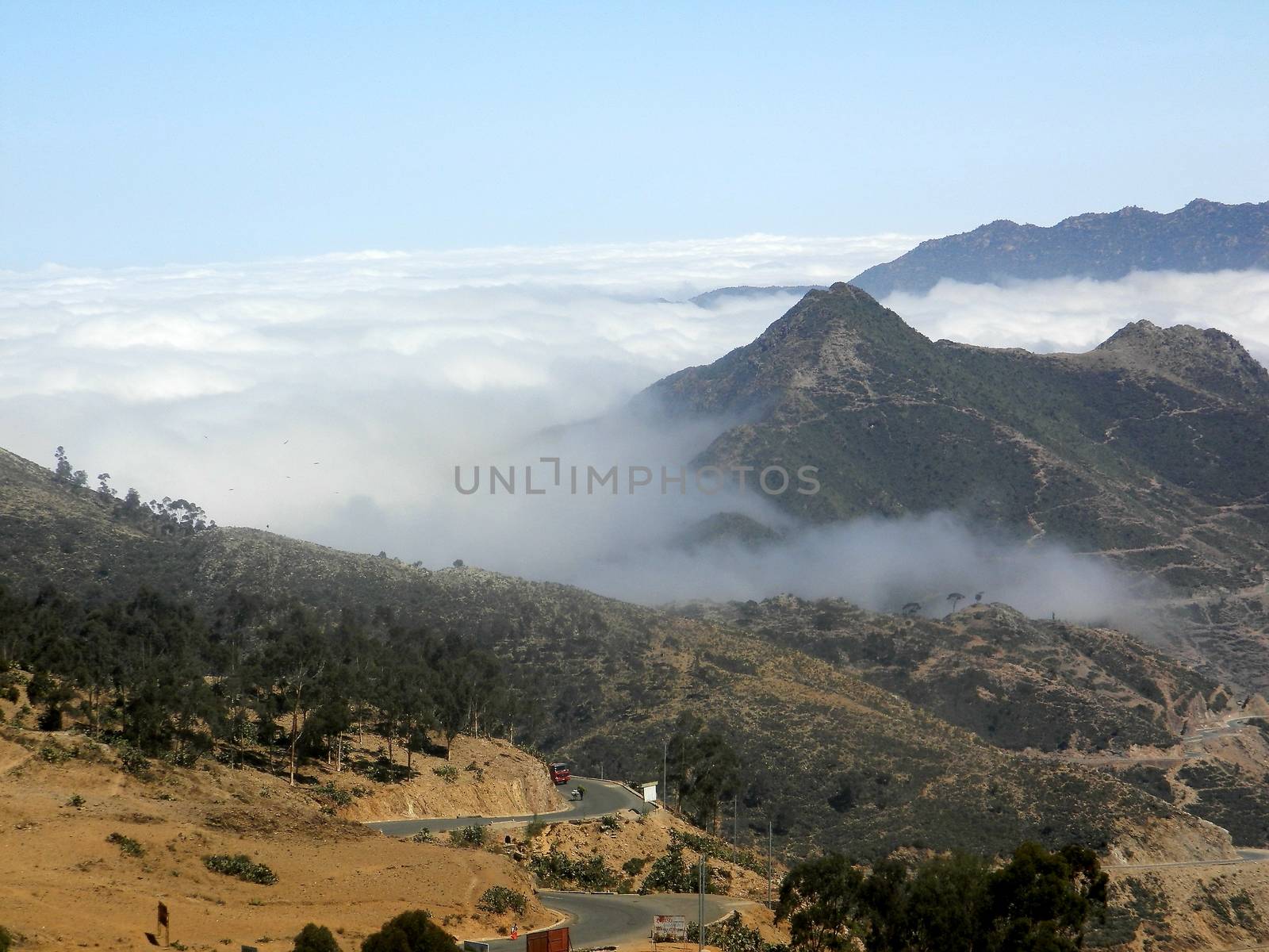 Tesseney, Eritrea - 10/11/2020: Beautiful photography of the landscape from the villages near the bord from Ethiopia. Old desert villages with some domestic animals.