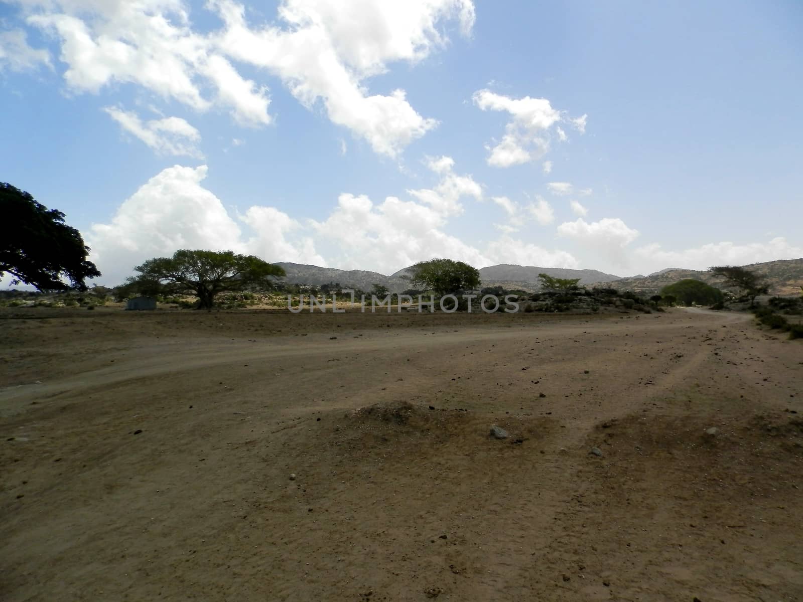 Tesseney, Eritrea - 10/11/2020: Beautiful photography of the landscape from the villages near the bord from Ethiopia. Old desert villages with some domestic animals.